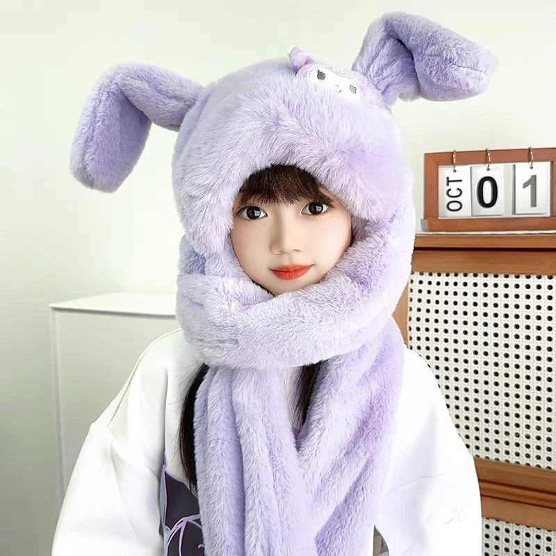 冬季库洛米儿童帽子围脖一体女童兔耳朵会动手套围巾护耳加绒加厚