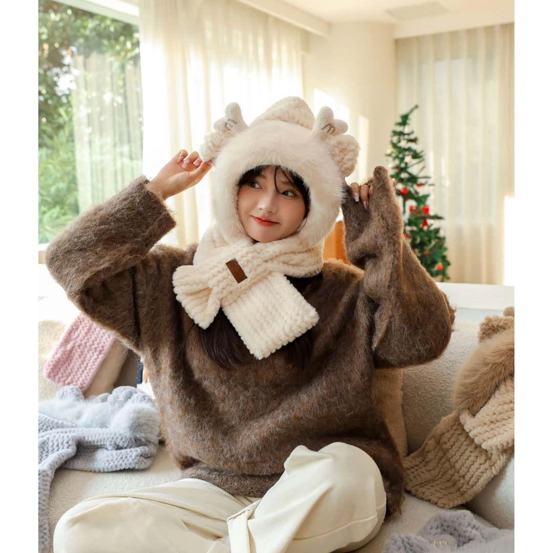 新款2024小鹿角耳朵毛绒帽子围巾一体可爱百搭骑行护耳保暖围脖帽