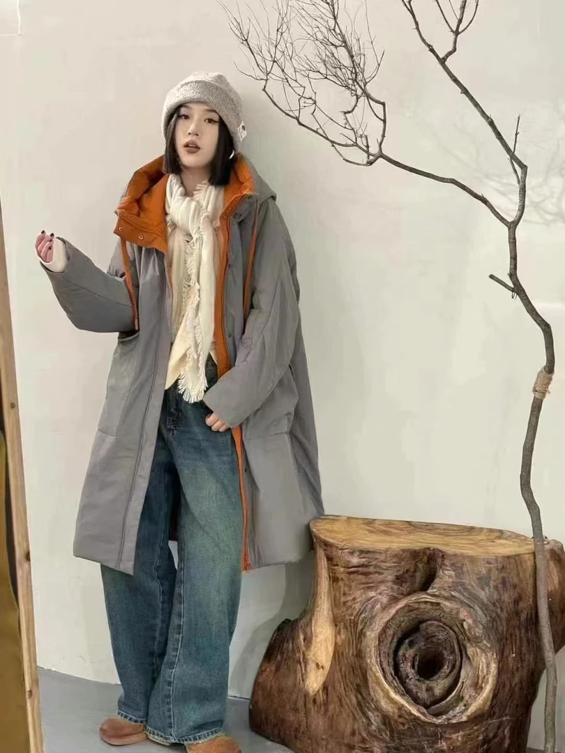 大口袋拼色中长款外套