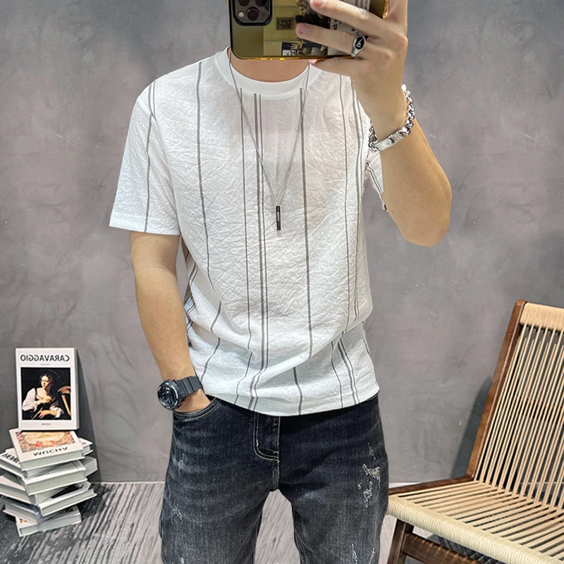 条纹男士短袖t恤夏季新款棉麻薄款上衣修身半袖体恤圆领潮流衣服
