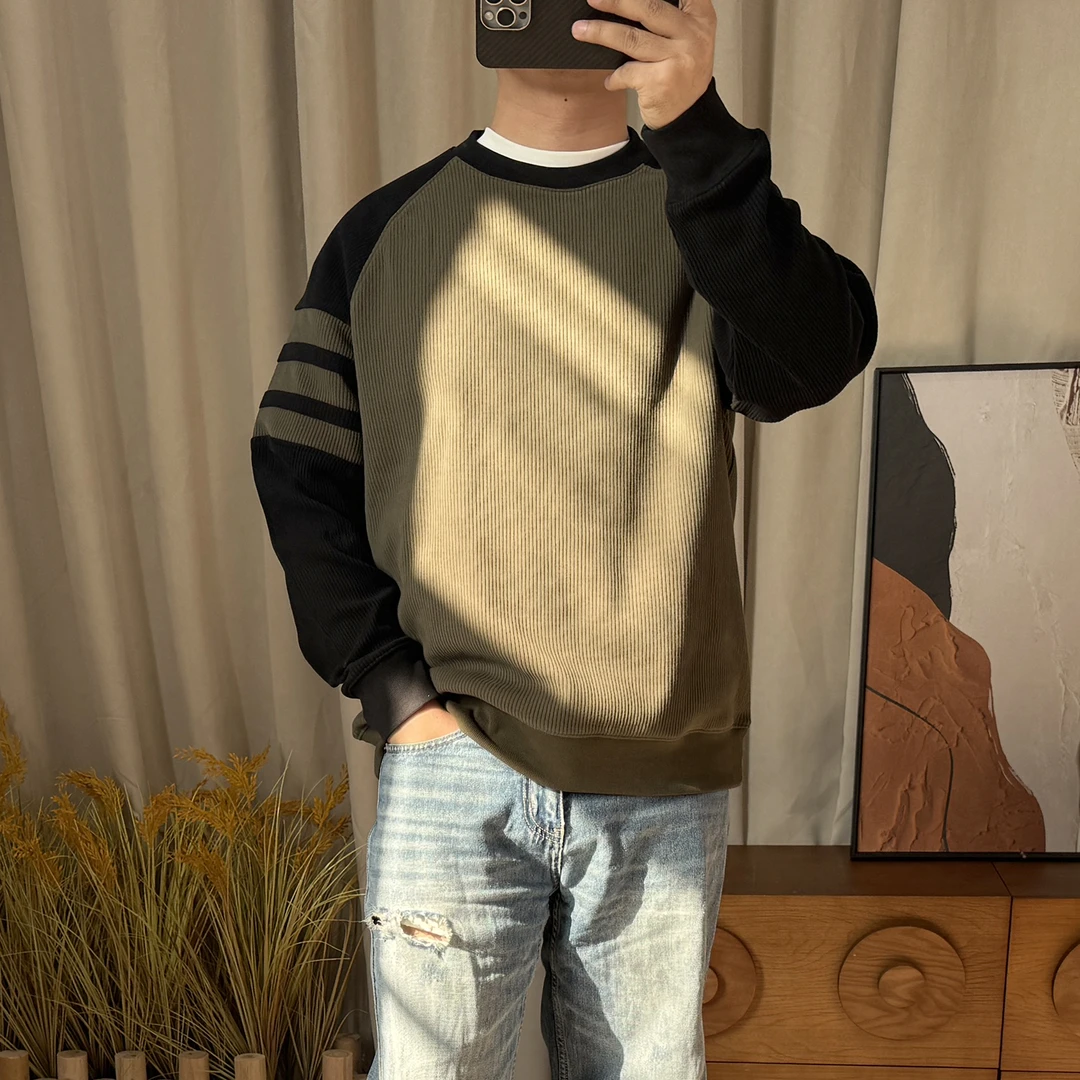 竖条拼接纹插肩袖卫衣秋季新款男士美式重磅长袖上衣圆领套头休闲