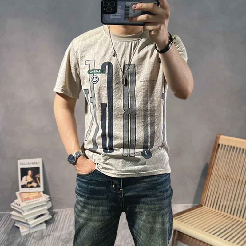 短袖t恤男夏季新款超薄字母印花刺绣休闲潮流半袖圆领百搭体恤衫