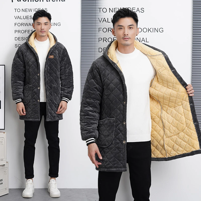 秋冬加绒加厚罩衣成人男士加肥大码长款有袖围裙连帽外套工作服