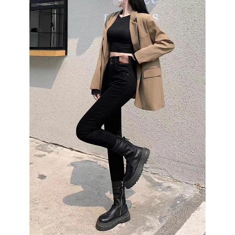 KZ3771 加绒款通勤百搭黑色弹力修身小脚裤牛仔裤 95