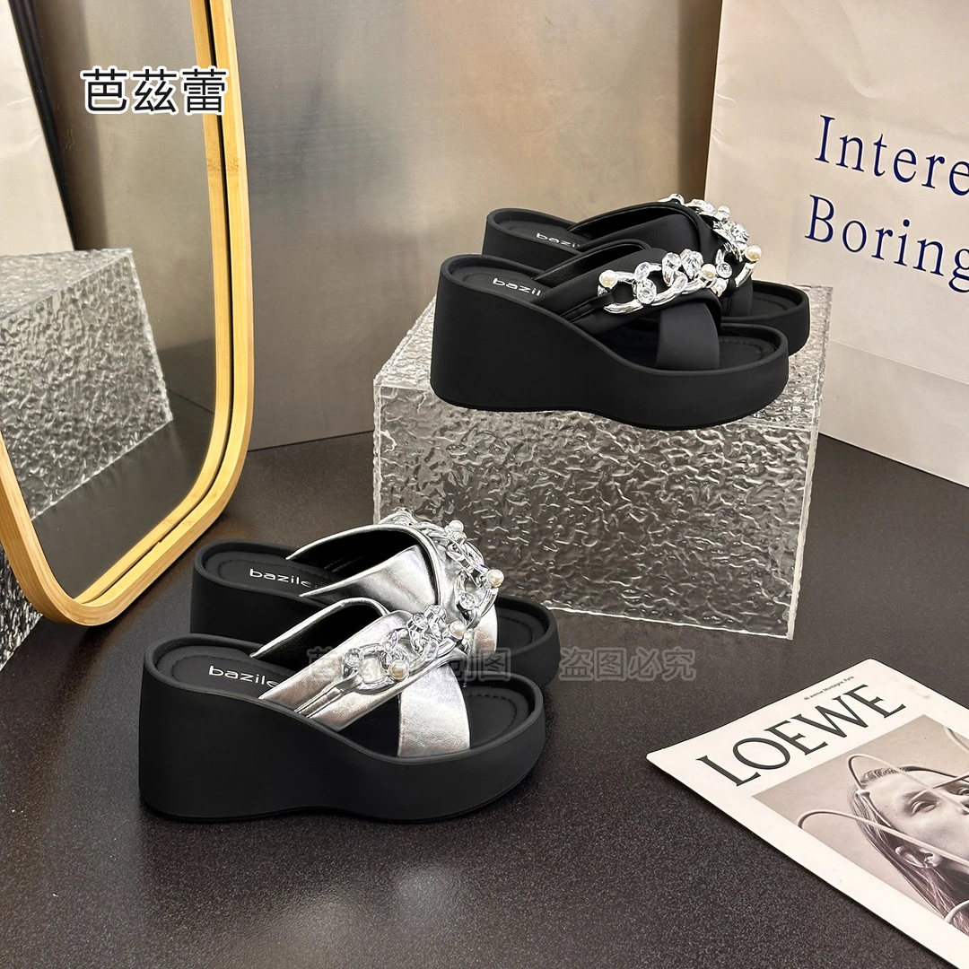 【冰清玉洁】拖鞋女百搭坡跟珍珠扣件外穿女2024夏新厚底增高时尚