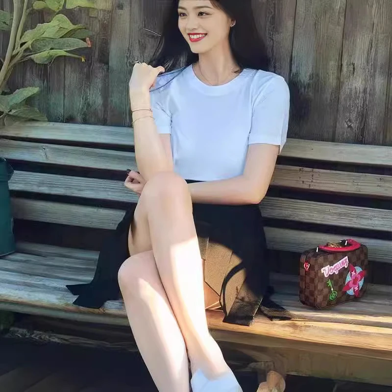 欧美休闲风三防面料棉质短袖上衣圆领修身显瘦白色黑色T恤女夏季