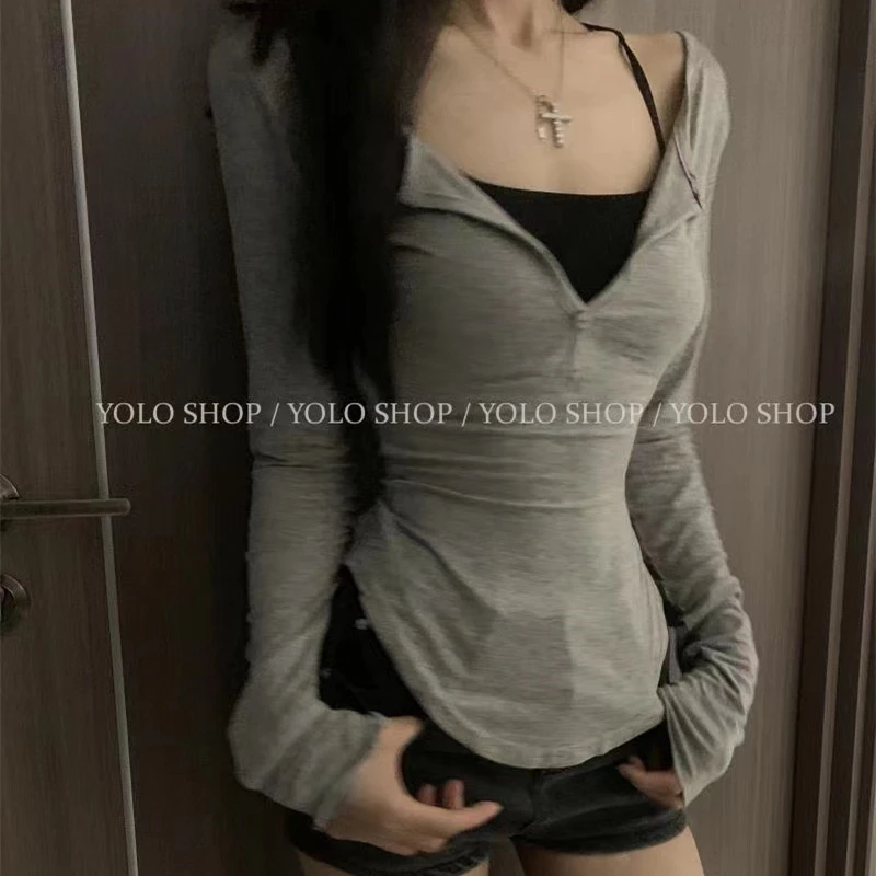 春秋韩漫身材长袖吊带T恤V领超显收腰微透辣妹时尚套装两件套上衣