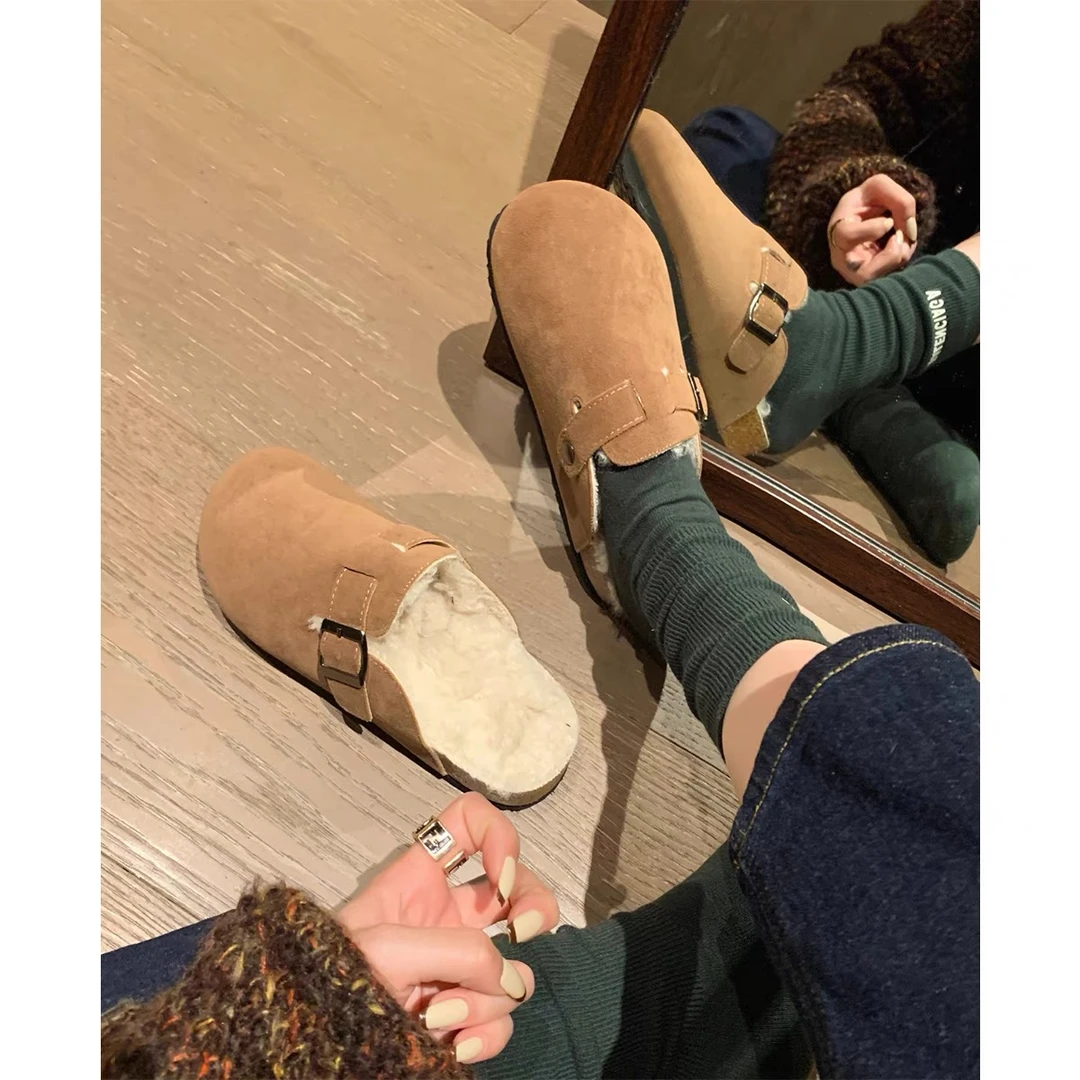 包头半拖勃肯鞋加绒2025秋冬女鞋雪地靴加厚外穿女棉鞋