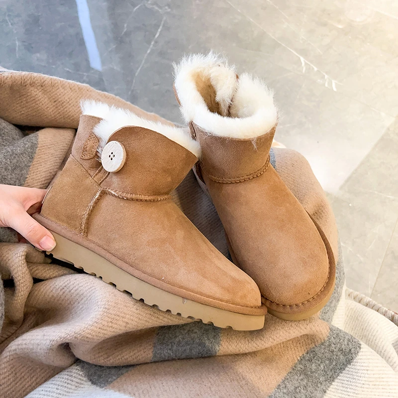 靴乡低筒木扣雪地靴女河南桑坡皮毛一体加绒冬季棉鞋