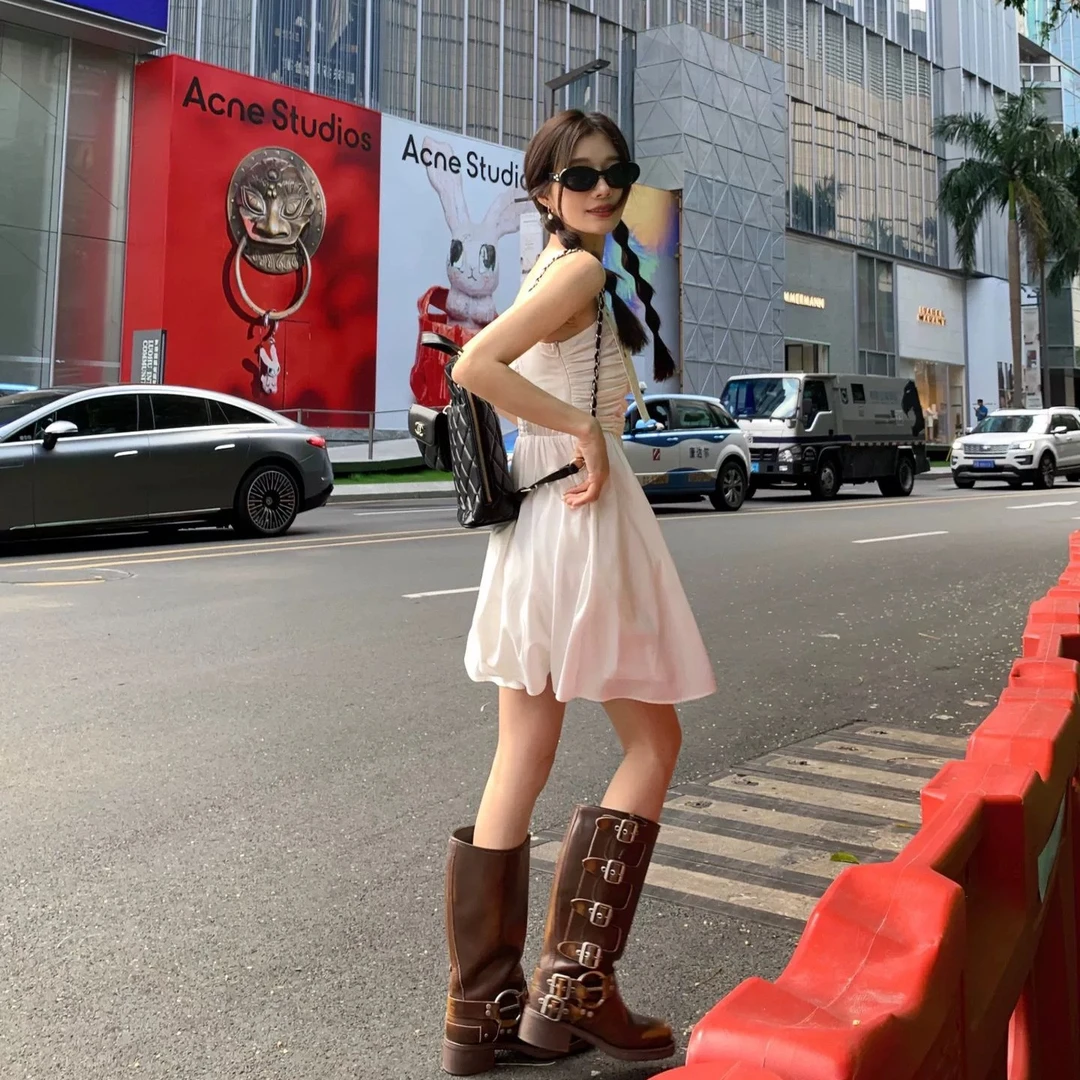 靴子骑士靴女棕色长筒靴复古高筒靴朋克西部牛仔靴靴子夏季女款