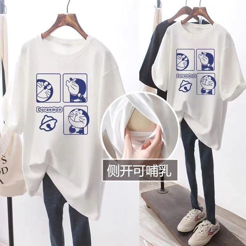 夏季哺乳衣网红短袖夏天喂奶上衣时尚辣妈款显瘦侧开口外穿t恤女