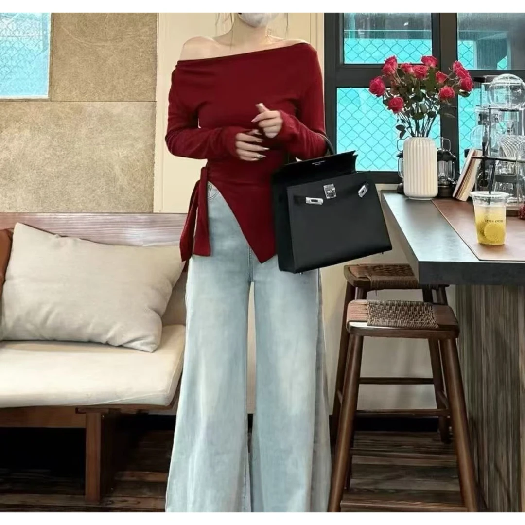 (森虎)不规则一字肩长袖打底衫显瘦大码时尚气质上衣766