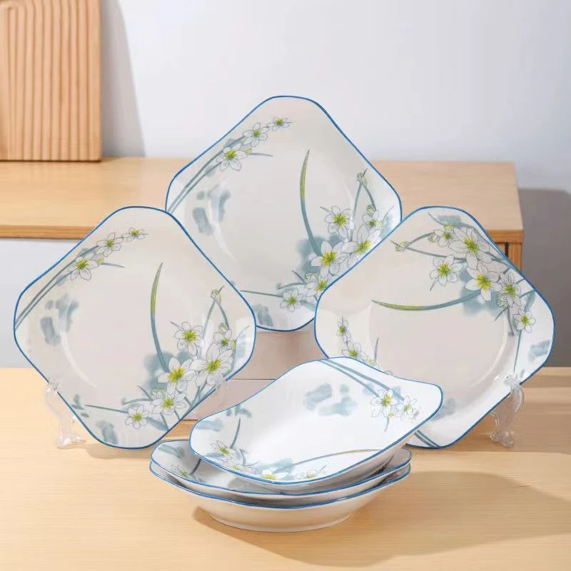 家用中式网红创意水仙花陶瓷如意方盘釉下彩炒菜盘子翘脚碗异形盘