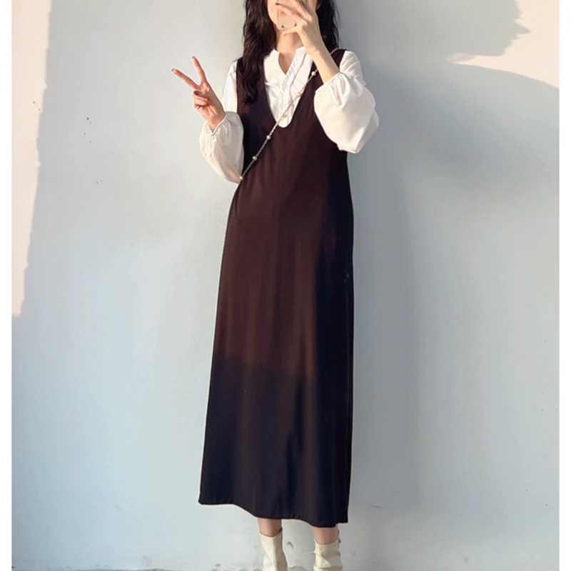 【真的两件套】秋季显瘦遮肉宽松慵懒风气质衬衫+背心裙套装