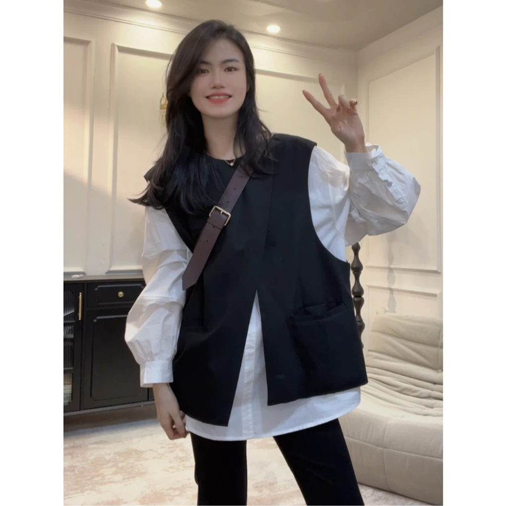 深圳南油高端女装假两件衬衫女早秋2024新款西装马甲拼接上衣