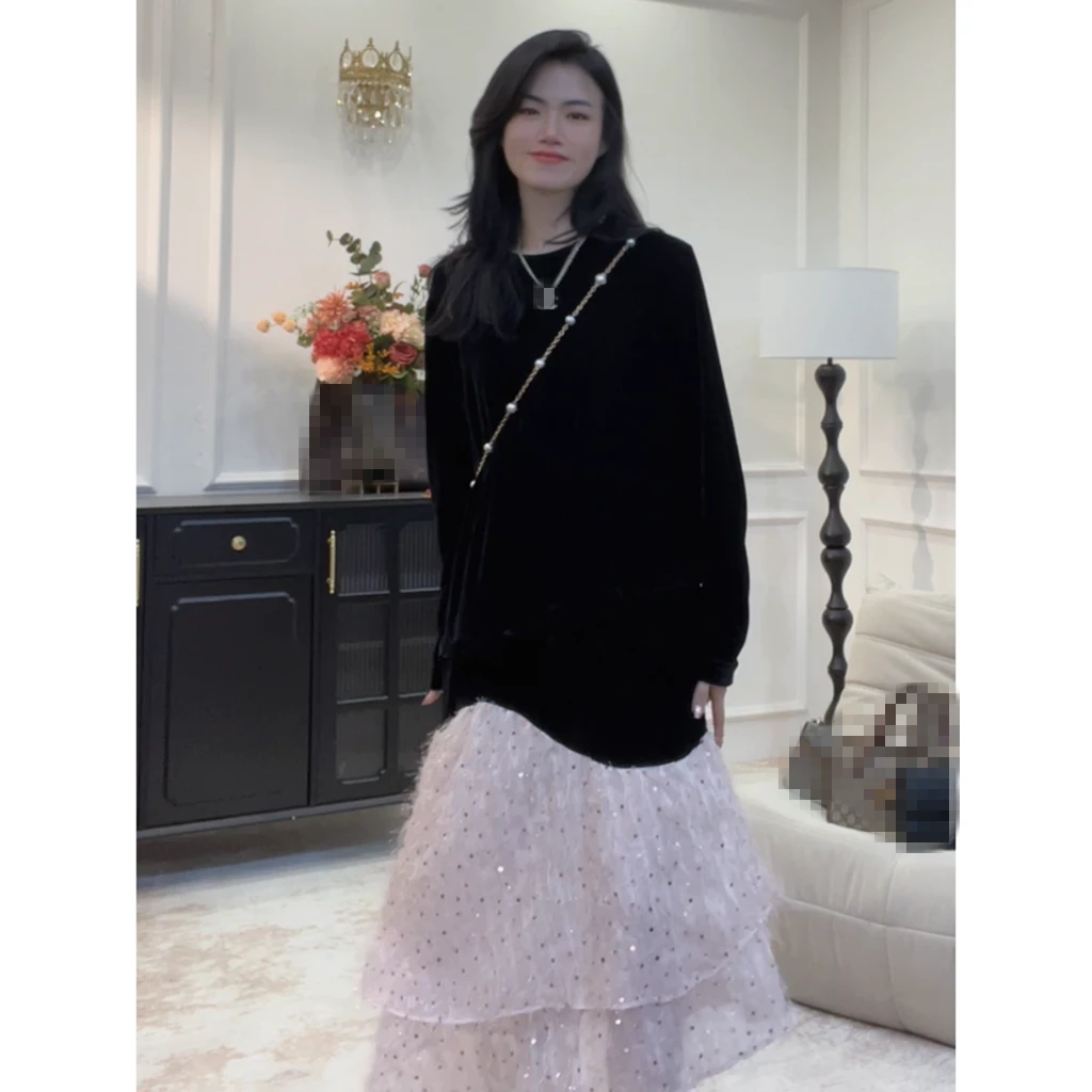 老板娘精选 【暮雪初白】新中式韩国丝绒大摆拼接连衣裙女