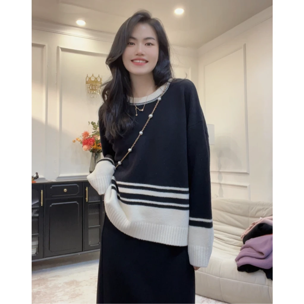 高级感超好看小香气质条纹针织衫毛衣宽松上衣女2024秋冬新款