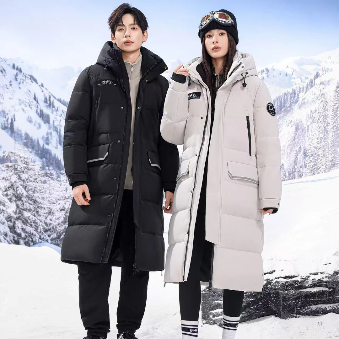 2024新款冬季时尚户外极寒白鸭绒男士羽绒服加厚长款过膝羽绒服女