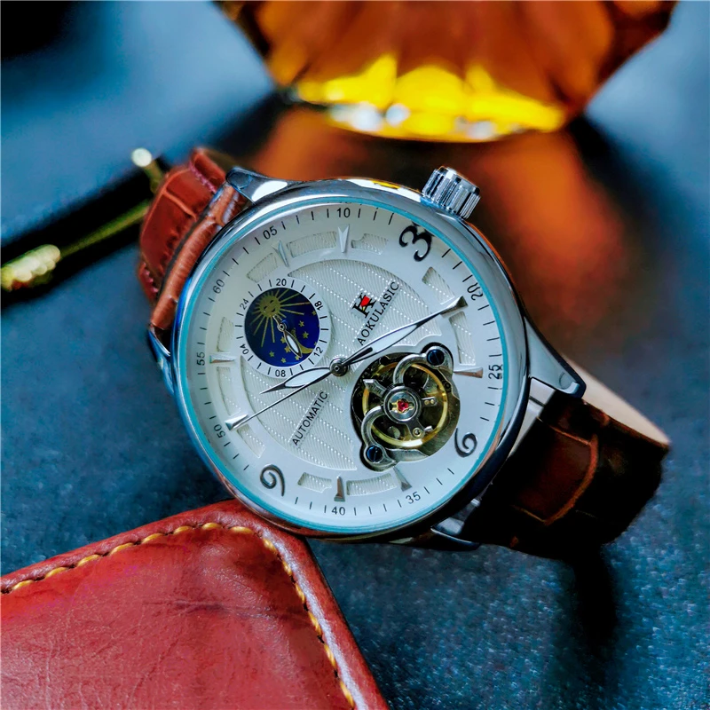 奥古拉斯纯机械手表男高档帅气陀飞轮镂空夜光月相商务时尚全新潮
