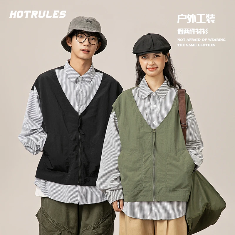 HOTRULES/热规则工装风男女假两件长袖衬衫秋冬季宽松款潮流衬衣