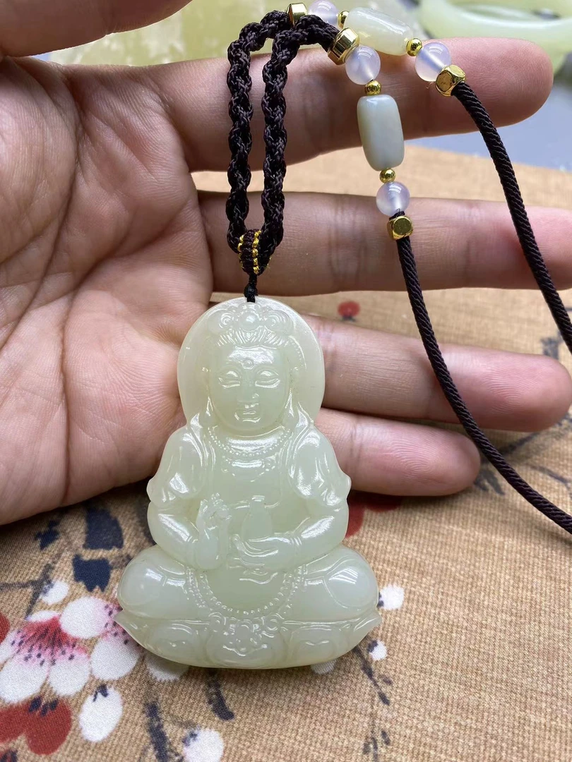 新疆玉观音女士男女款情侣项链天然玉石毛衣链时尚项坠百搭