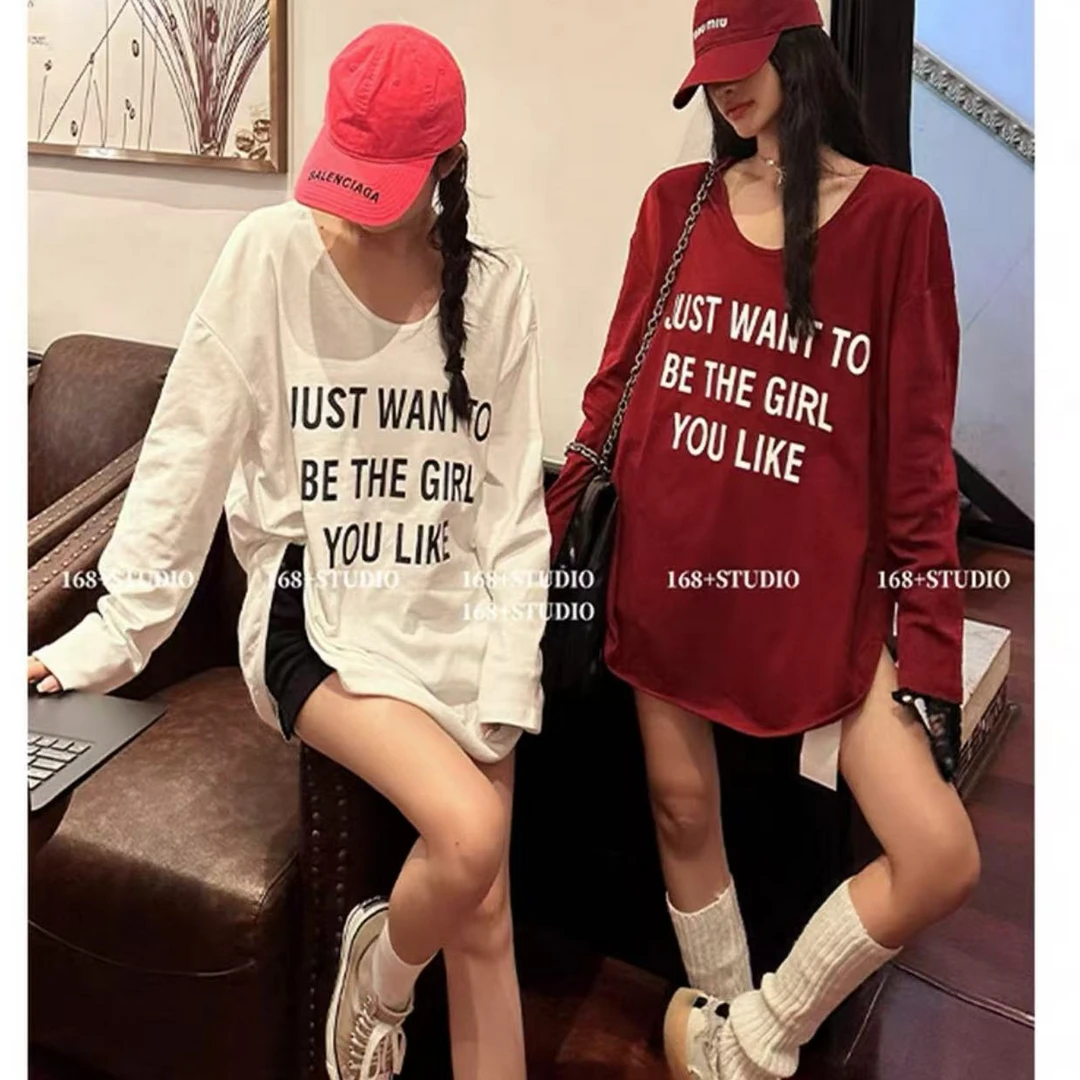 秋冬新款时尚简约U领字母印花打底衫女中长款宽松长袖显瘦t恤