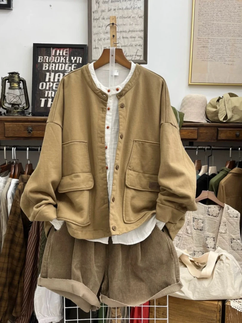 2024秋冬新款圆领长袖加厚雪花绒短款外套女宽松休闲工装夹克上衣