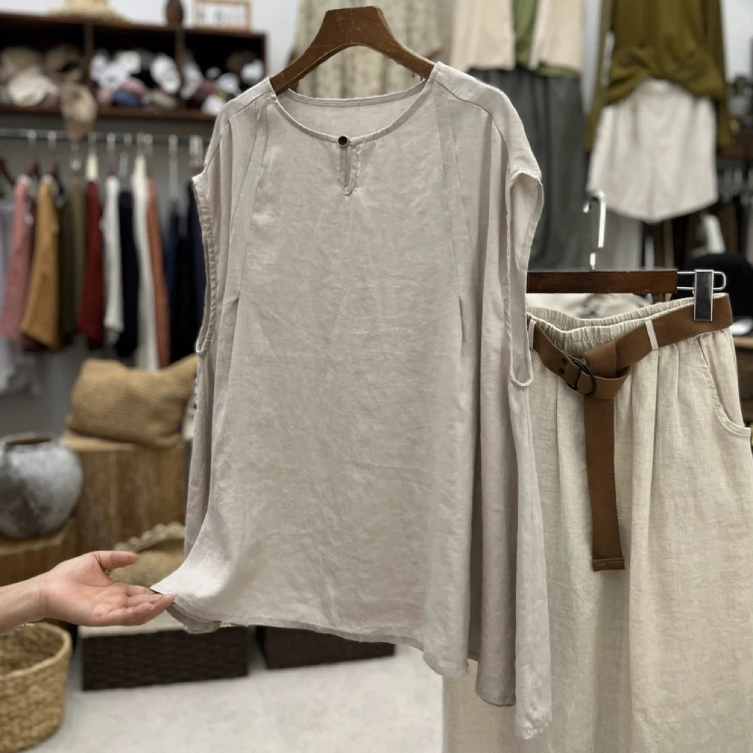 夏季百分百高端亚麻圆领背心女文艺复古棉麻女装无袖宽松减龄上衣