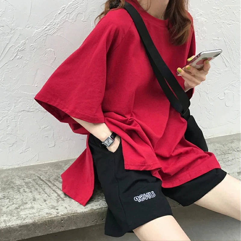 2023夏款T恤女宽松中长款开叉短袖体恤港味圆领棉纯色上衣潮