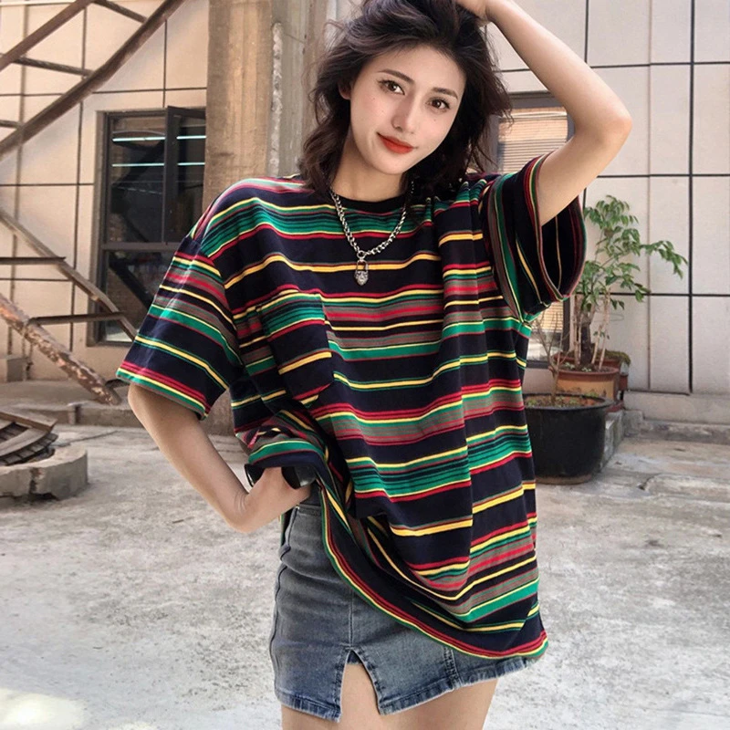 彩条纹短袖T恤女2023夏季新款宽松复古设计感圆领上衣ins酷潮牌