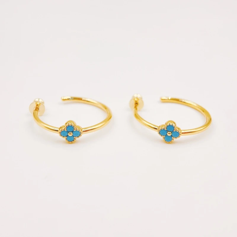 铜合金合成锆石耳饰 【1624】蓝色四叶草耳圈