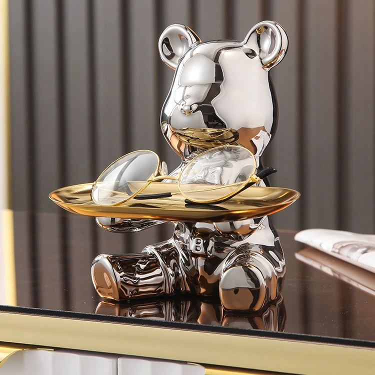 暴力熊托盘存钱罐轻奢客厅软装饰品入户玄关进门口挂钥匙收纳摆件