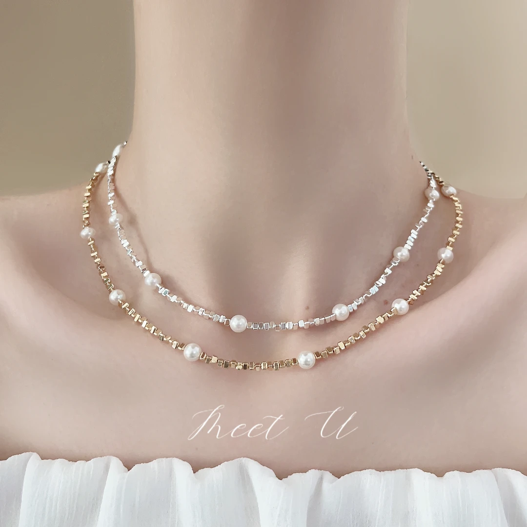 铜合金贝珠项链 碎银子满天星叠戴施家珠气质法式金色项链锁骨链