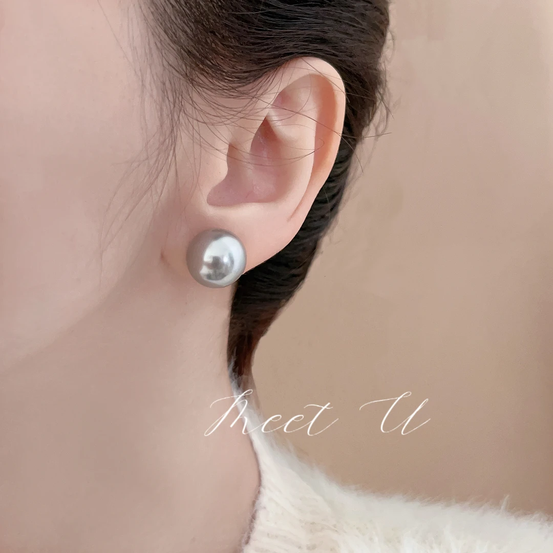 铜合金仿珍珠耳饰 925银针施家灰色真多麻百搭轻气质ins耳环耳夹