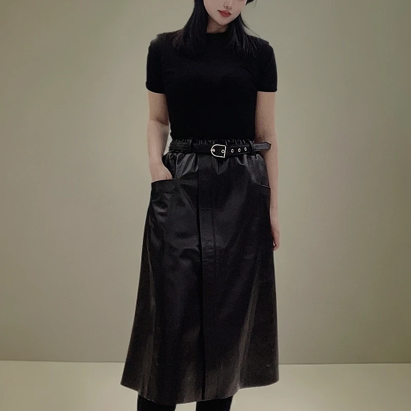 极简风设计腰带可拆卸过膝皮裙气质