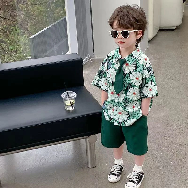 Bangke Lee男童夏季套装2024新款港风衬衫中小童夏装男宝短袖两件