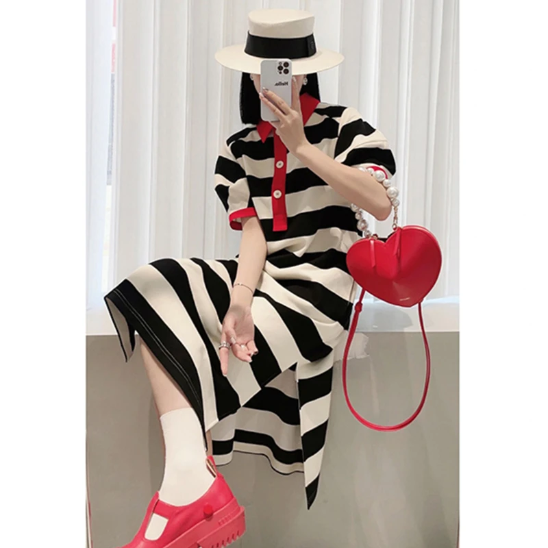 POLO领撞色黑杏条纹设计感中长款短袖连衣裙女夏宽松显瘦侧边开叉