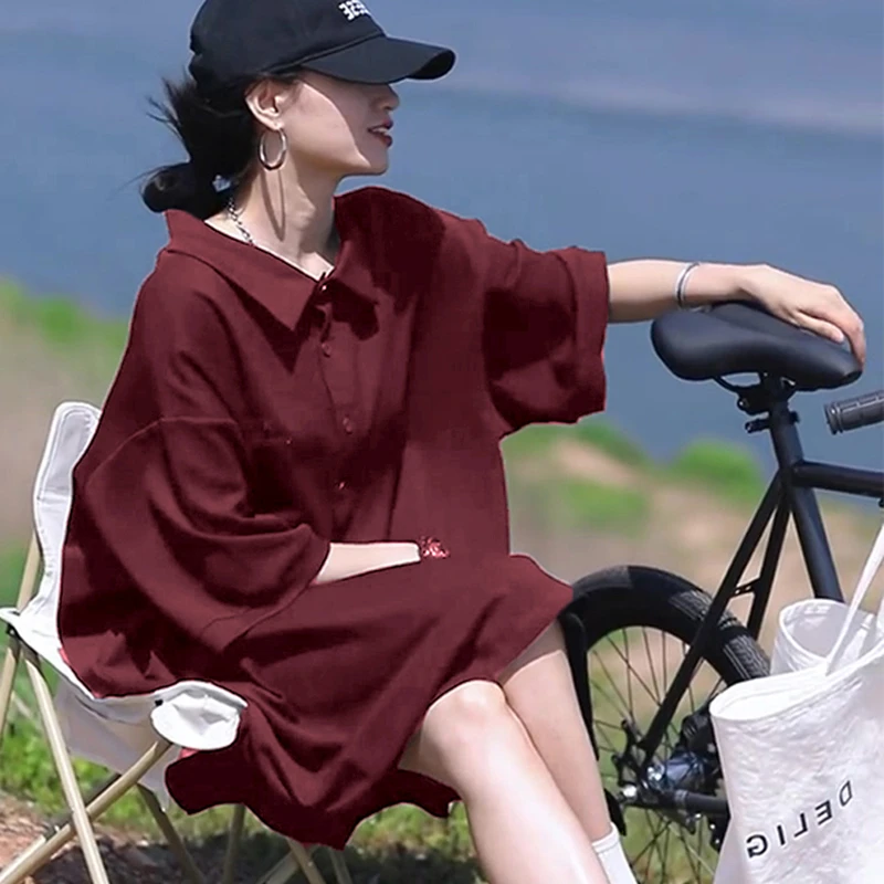 大码女装小众t恤2025新款夏季洋气宽松长款裙休闲POLO领连衣裙