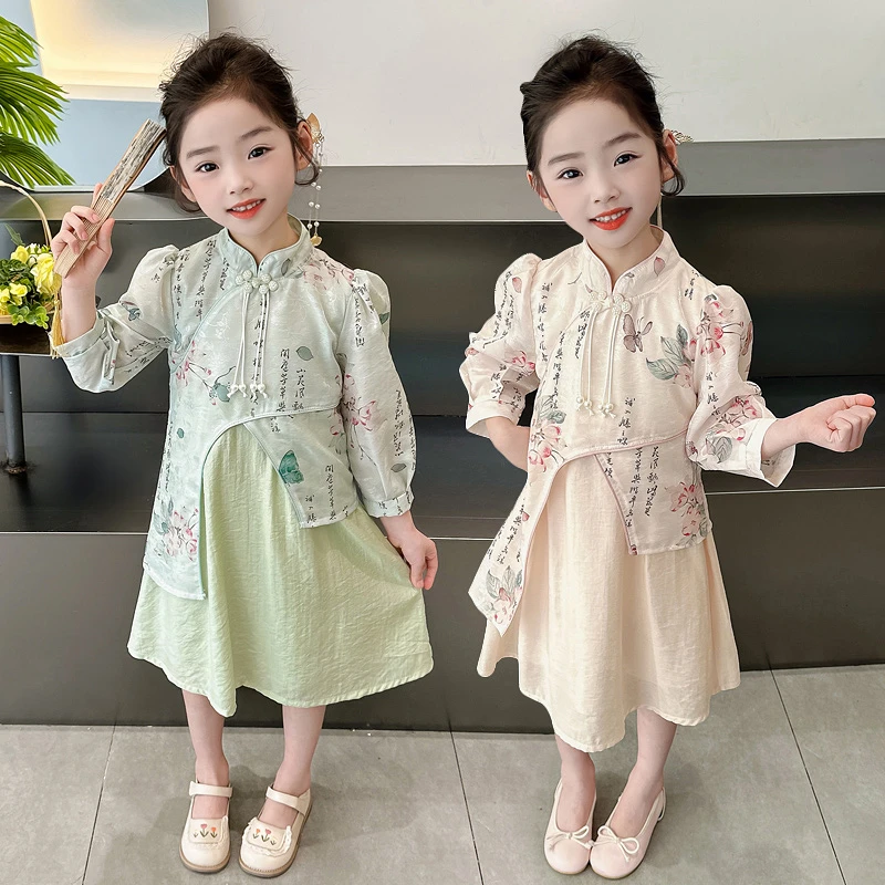 女童新款春夏小孩衣服中国风假两件旗袍裙女宝宝汉服儿童夏装裙子