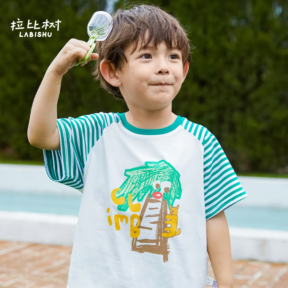 拉比树圆领套头T恤拼接针织纯棉短袖儿童夏季男童宽松半袖休闲