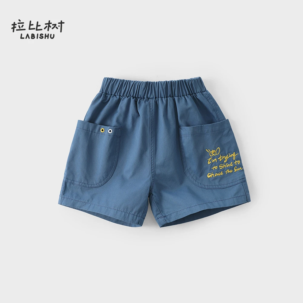 拉比树宽松透气夏季简约休闲裤男童大童运动儿童绣花大口袋短裤