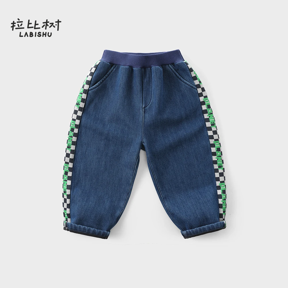 拉比树【加厚绒】男童秋冬加绒保暖牛仔裤宝宝拼接洋气休闲裤冬季潮
