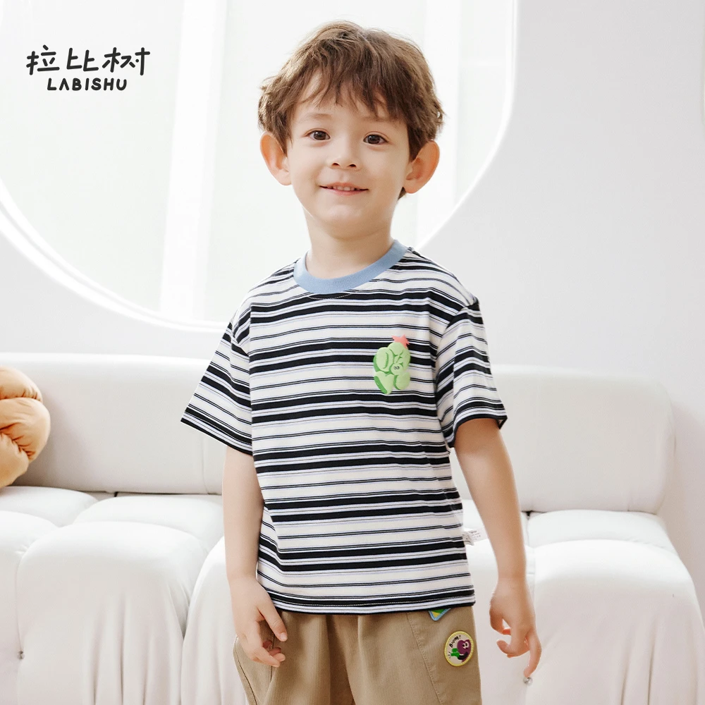 拉比树圆领套头条纹撞色半袖T恤针织短袖儿童夏季男童休闲女童男
