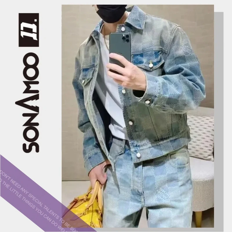 【D18890】棋盘格满提花图案洗水男士秋冬百搭牛仔外套装复古D188