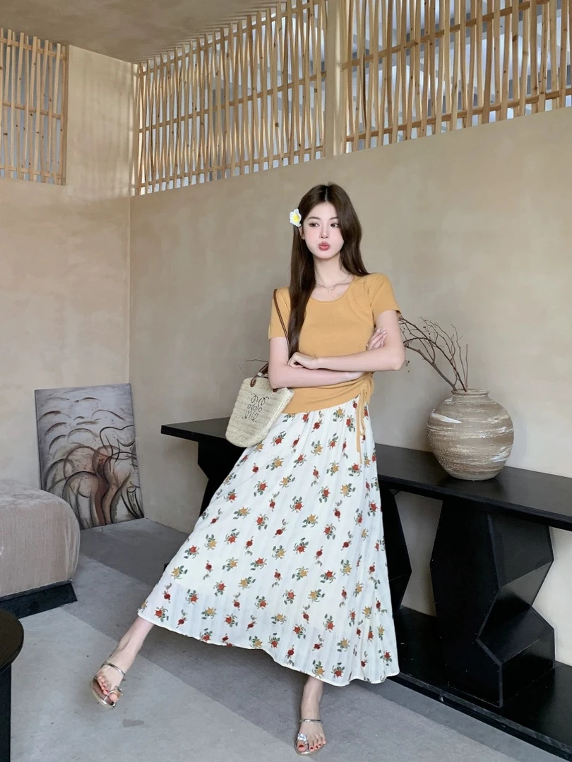 8848莫奈花园夕阳晚霞套装抽绳短袖女t恤碎花半身裙高级感法式