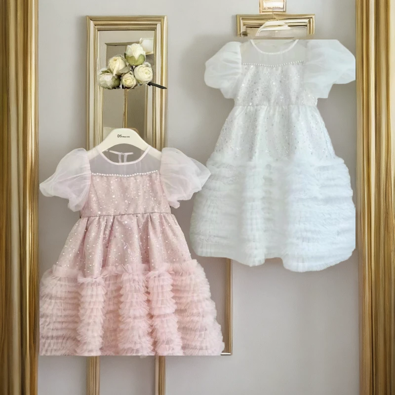 连衣裙儿童裙子童装礼服女童时尚泡泡袖蕾丝洋气宝宝女孩女宝甜美
