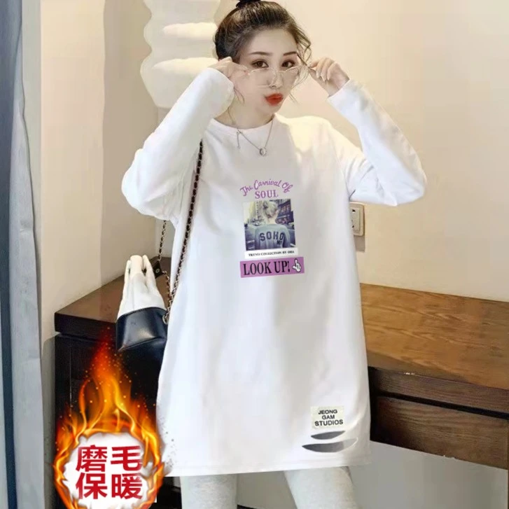 设计感长袖t恤女中长款宽松大码破洞内搭上衣打底衫加厚春秋冬
