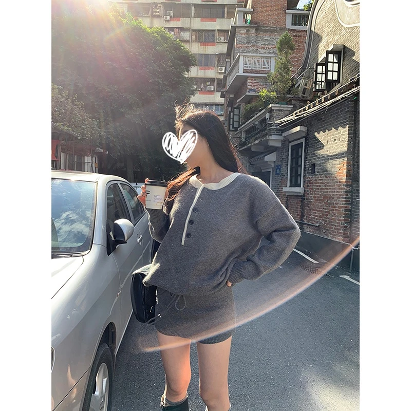 韩版灰色假两件长袖针织衫秋冬女款宽松显瘦软糯内搭打底裙裤套装