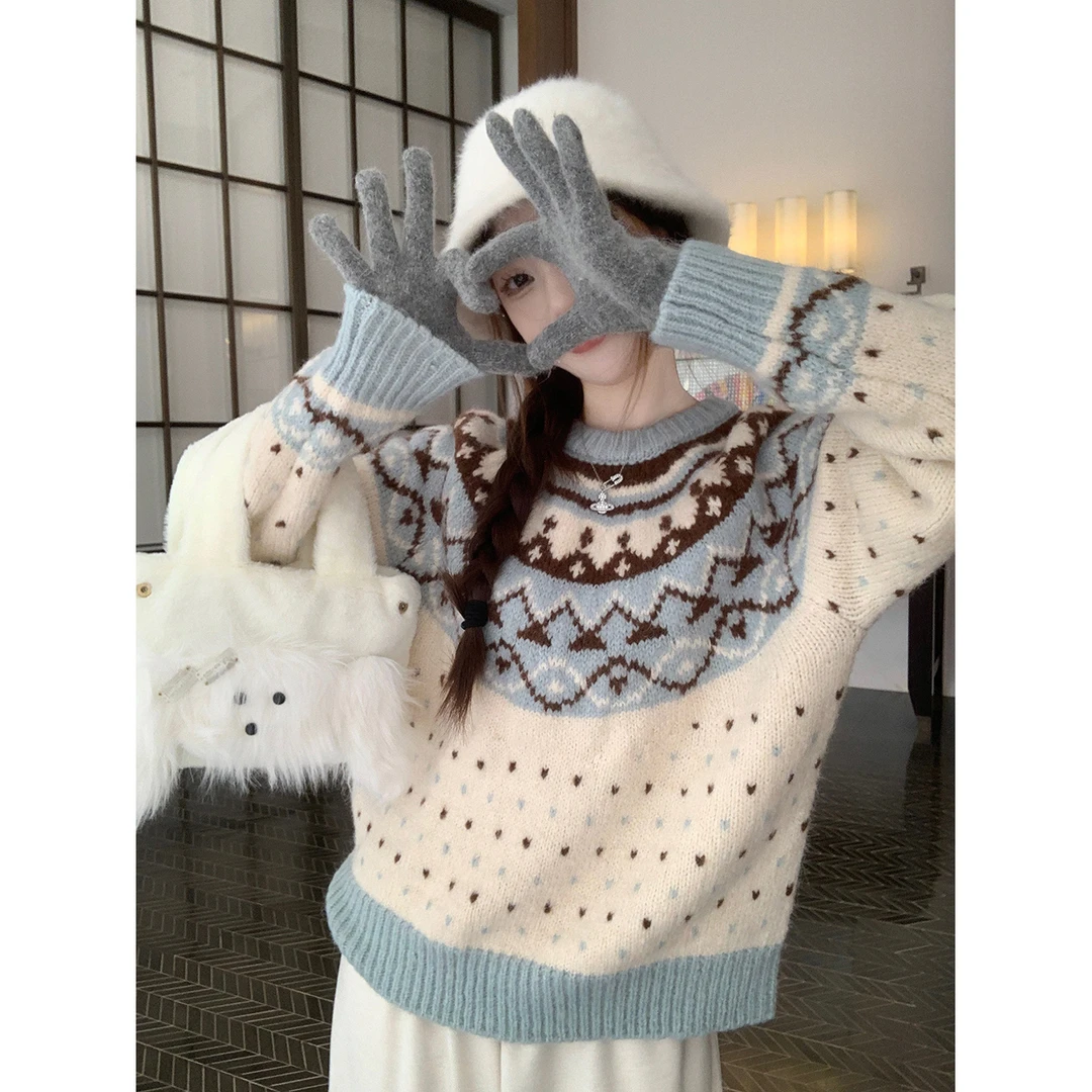 复古提花撞色加厚保暖长袖毛衣女2024冬季新款宽松外穿针织衫上衣