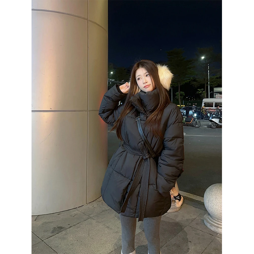 黑色修身中长款绑带外套冬季降温保暖棉服